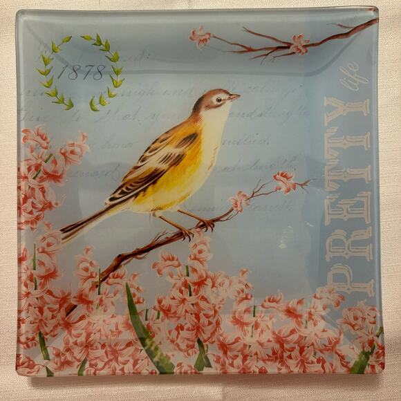 Pretty Life Bird Floral Glass Square Plates Set of 3 Decorative 7" Vintage Style - Picture 2 of 5